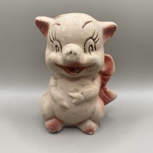 Vintage Ceramic Still Piggy Bank Figural Animal Pig Bow Old Character Childs Toy